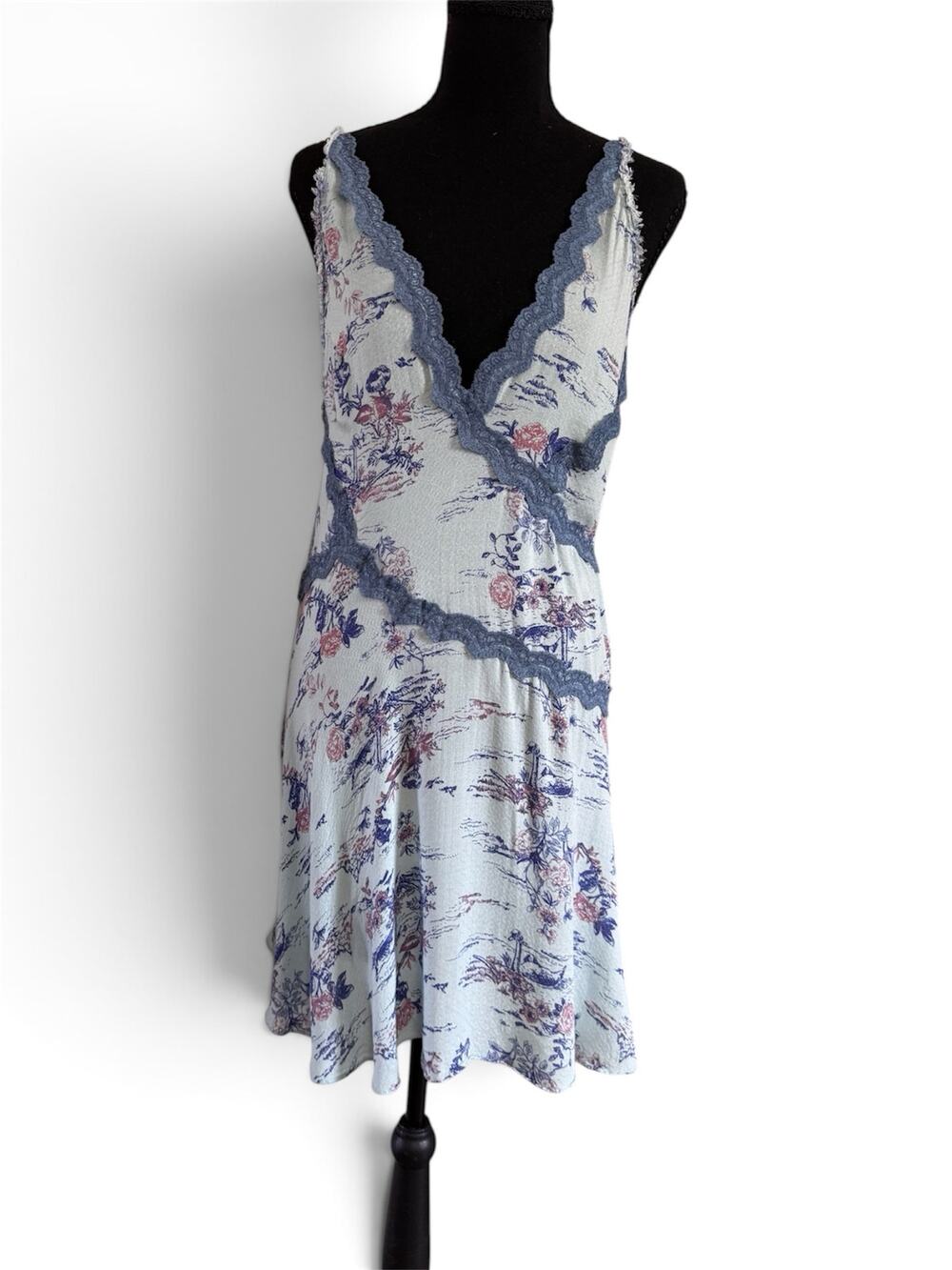Free People Intimately Blue Toile Floral Slip Dress Lace Trim V Neck Mini